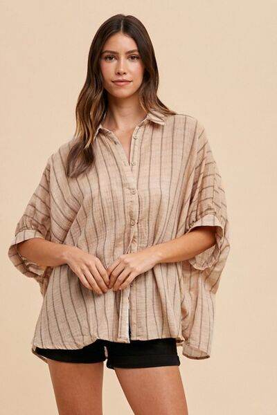 Annie Wear Striped Button Up Half Sleeve Shirt - Hovatok