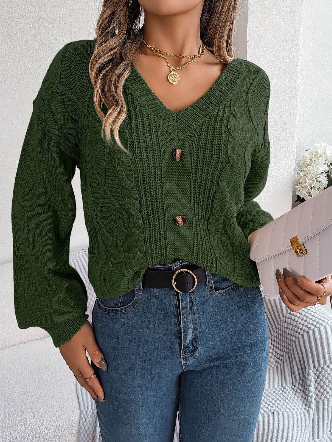 Cable-Knit Buttoned V-Neck Sweater - Hovatok