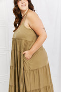 Zenana Full Size Spaghetti Strap Tiered Dress with Pockets in Khaki - Hovatok
