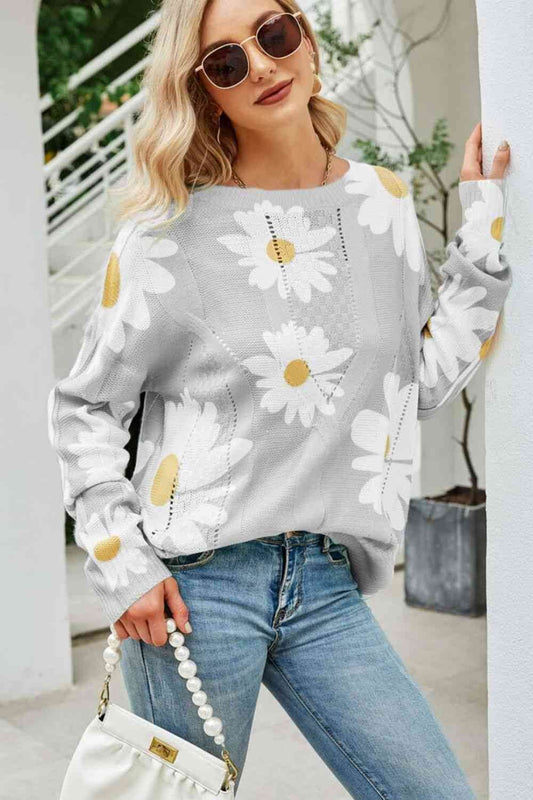 Angel Wings Daisy Print Openwork Round Neck Sweater - Hovatok