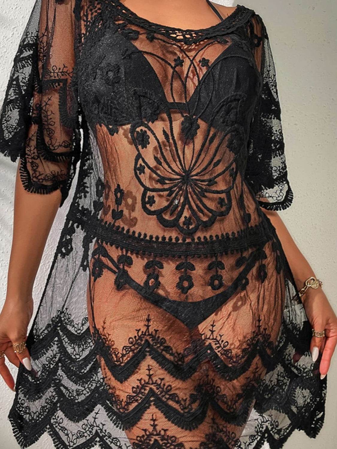 Lace Round Neck Half Sleeve Cover-Up - Hovatok