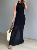 Openwork Slit Round Neck Cover-Up - Hovatok