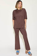 Basic Bae Full Size Bamboo Drop Shoulder T-Shirt and Flare Pants Set - Hovatok