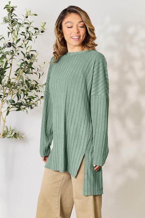 Basic Bae Full Size Ribbed Round Neck Long Sleeve Slit Top - Hovatok