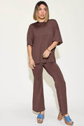 Basic Bae Full Size Bamboo Drop Shoulder T-Shirt and Flare Pants Set - Hovatok