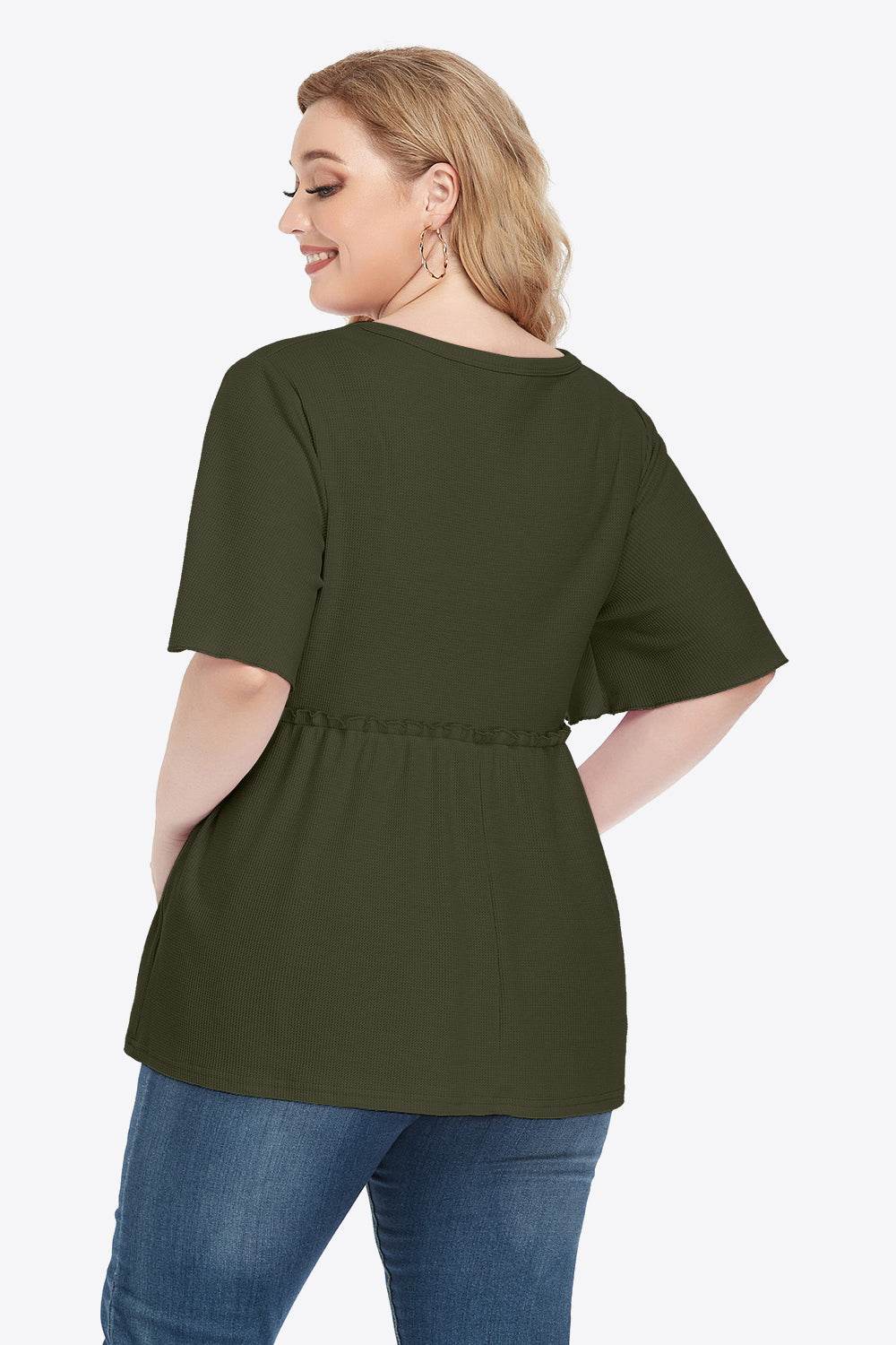 Plus Size Buttoned V-Neck Frill Trim Babydoll Blouse - Hovatok