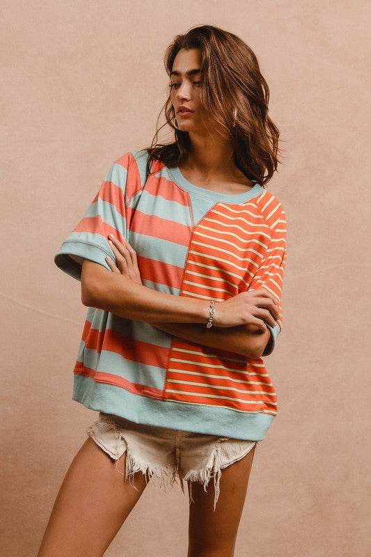 BiBi Striped Round Neck Half Sleeve French Terry Top - Hovatok