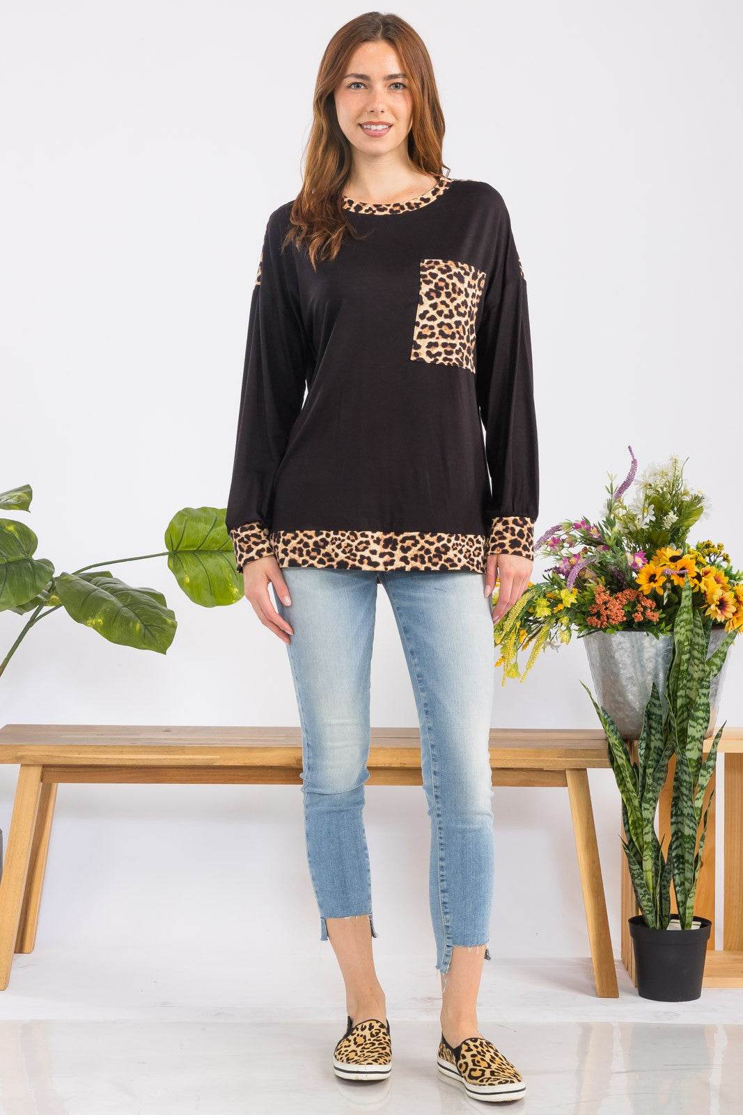 Celeste Full Size Leopard Round Neck Dropped Shoulder T-Shirt - Hovatok