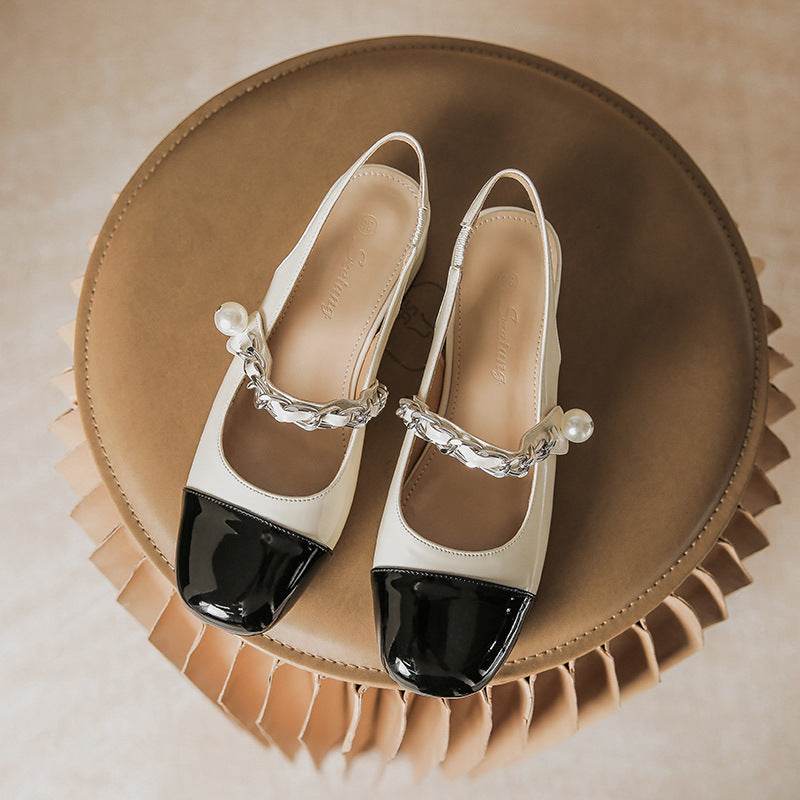 Contrast Round Toe Block Heel Mary Jane Shoes - Hovatok
