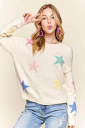 ADORA Stars Pattern Round Neck Drop Shoulder Sweater - Hovatok