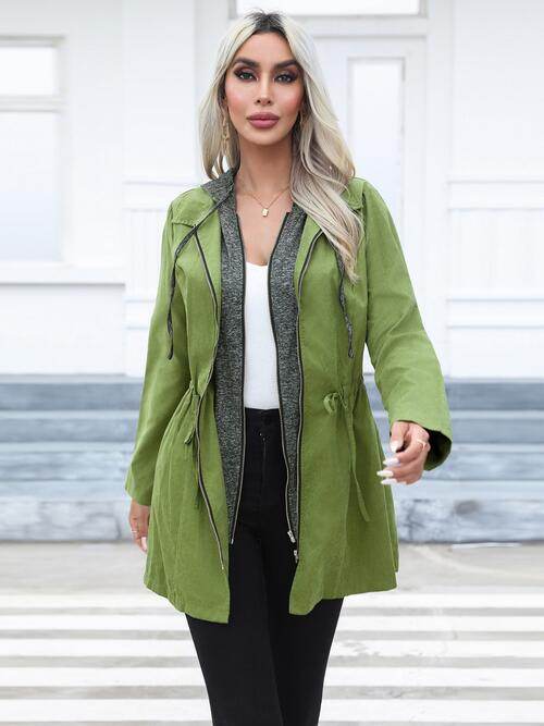 Zip Up Drawstring Hooded Trench Coat - Hovatok