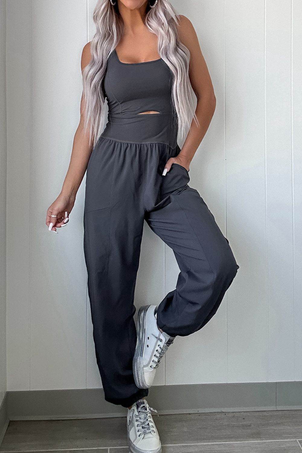 Cutout Square Neck Wide Strap Active Jumpsuit - Hovatok
