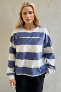 Oh Pima Cotton Wash Exposed Seam Contrast Striped Round Neck Long Sleeve T-Shirt - Hovatok