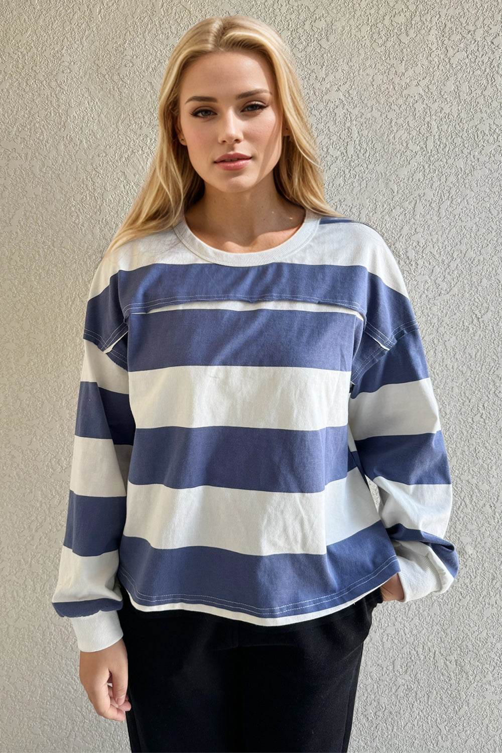Oh Pima Cotton Wash Exposed Seam Contrast Striped Round Neck Long Sleeve T-Shirt - Hovatok