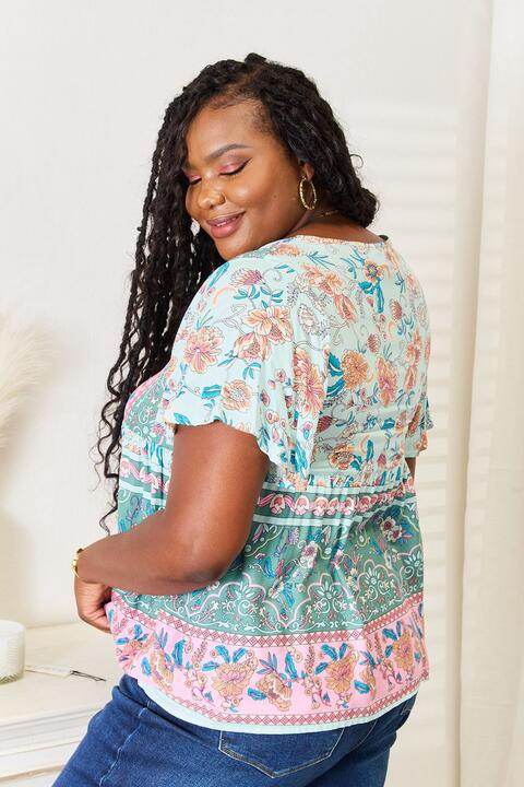 Perfee Floral Tie Neck Short Sleeve Blouse - Hovatok