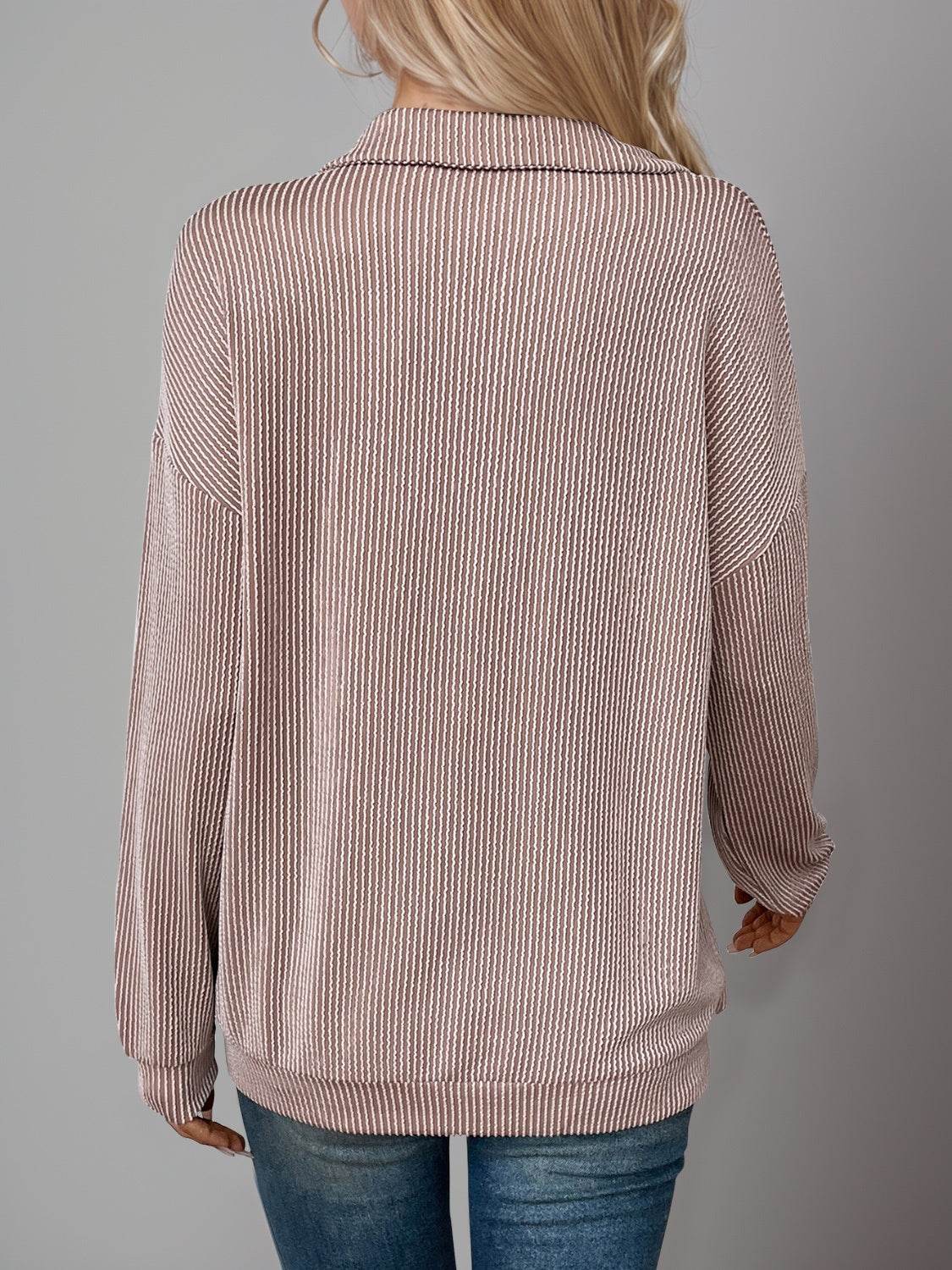 Double Take Striped Half Zip Long Sleeve T-Shirt - Hovatok