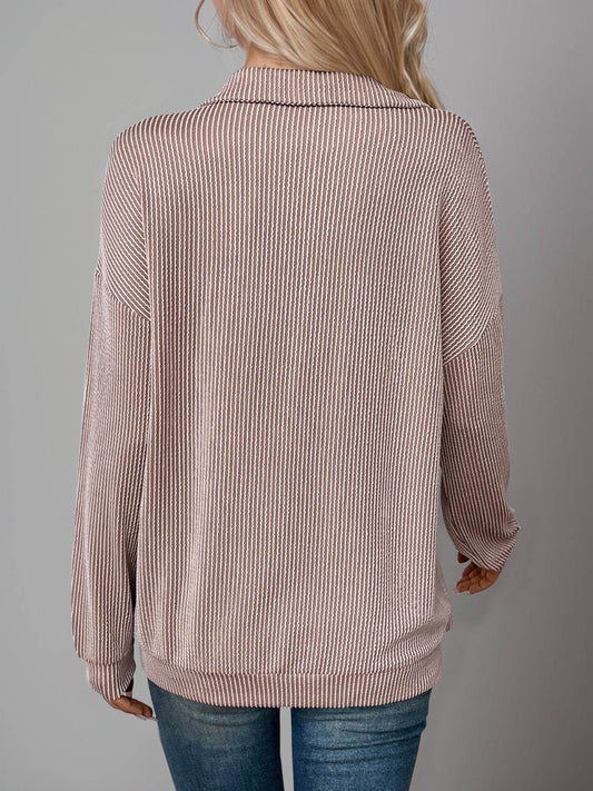 Double Take Striped Half Zip Long Sleeve T-Shirt - Hovatok