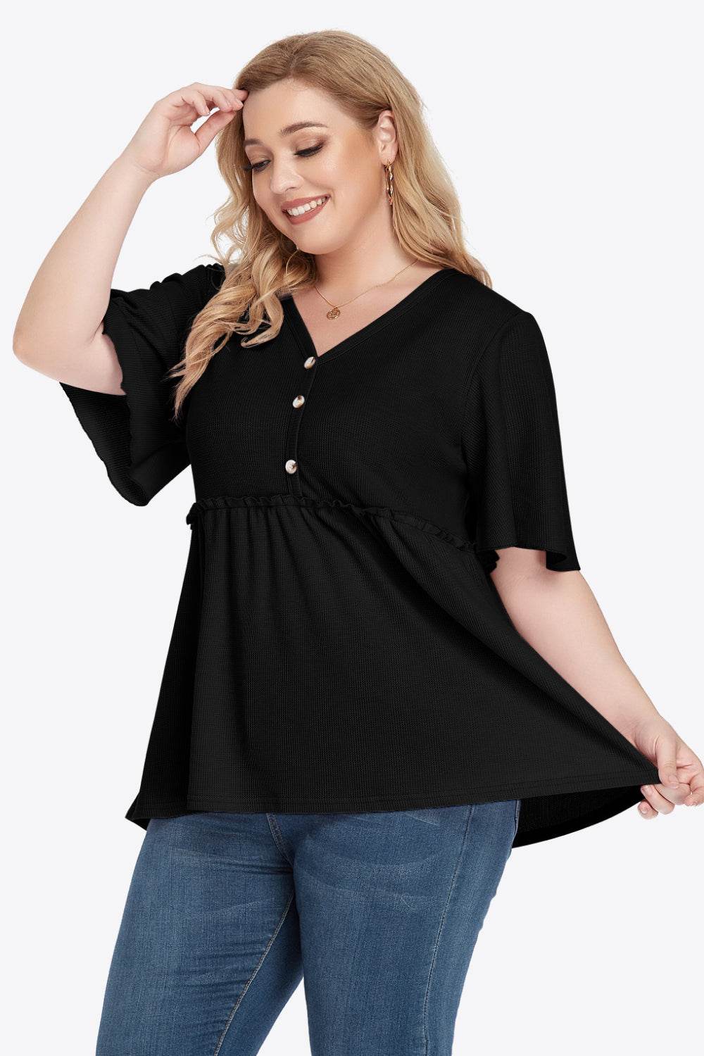 Plus Size Buttoned V-Neck Frill Trim Babydoll Blouse - Hovatok