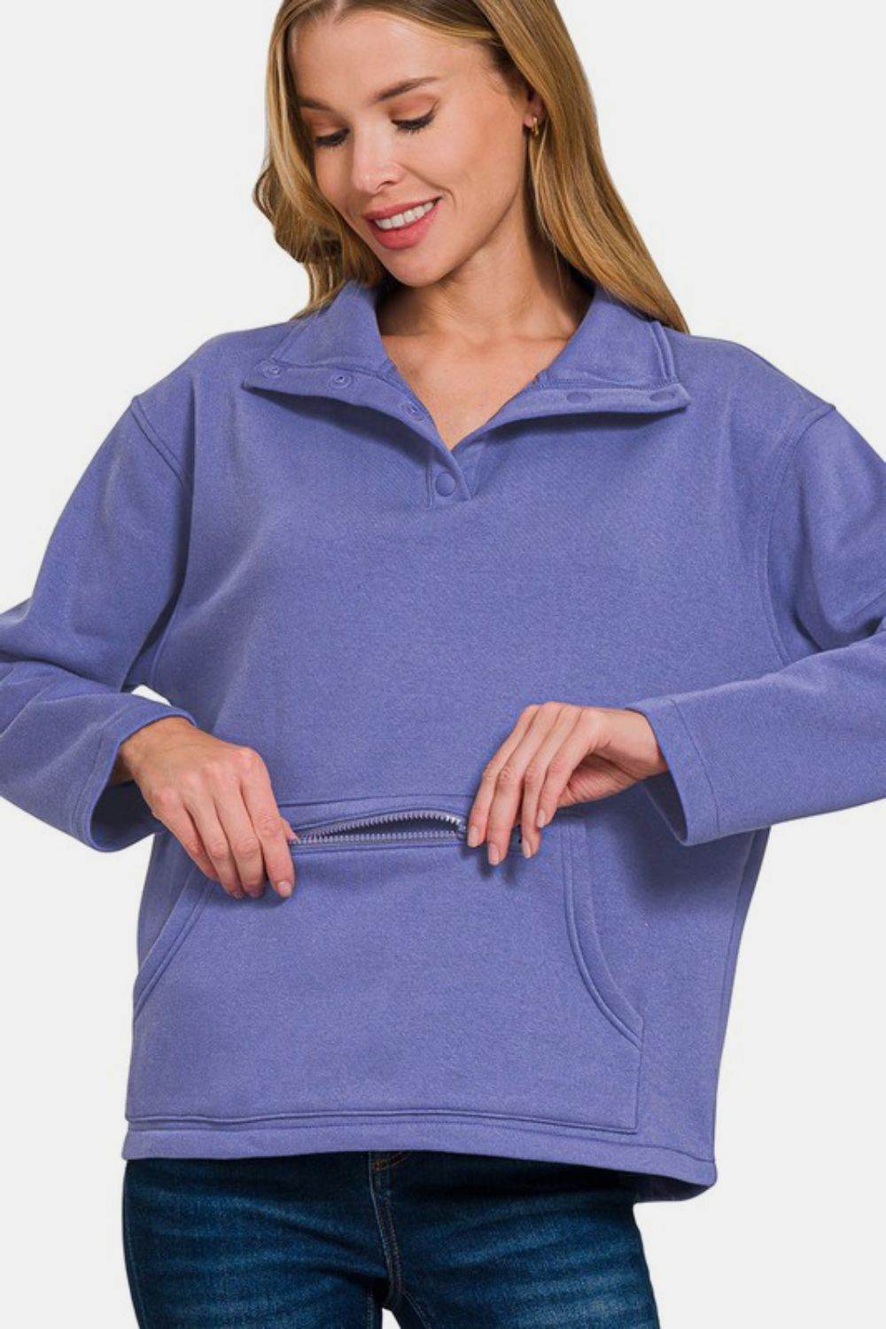 Zenana Turtleneck Half Snap Fleece Sweatshirt - Hovatok