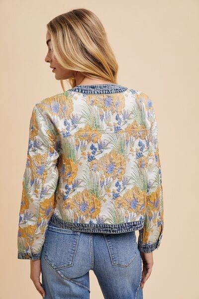 Annie Wear Floral Jacquard Denim Contrast Button Down Jacket - Hovatok