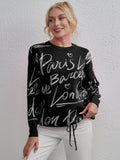Drawstring Hem Letter Pattern Round Neck Dropped Shoulder Sweater - Hovatok
