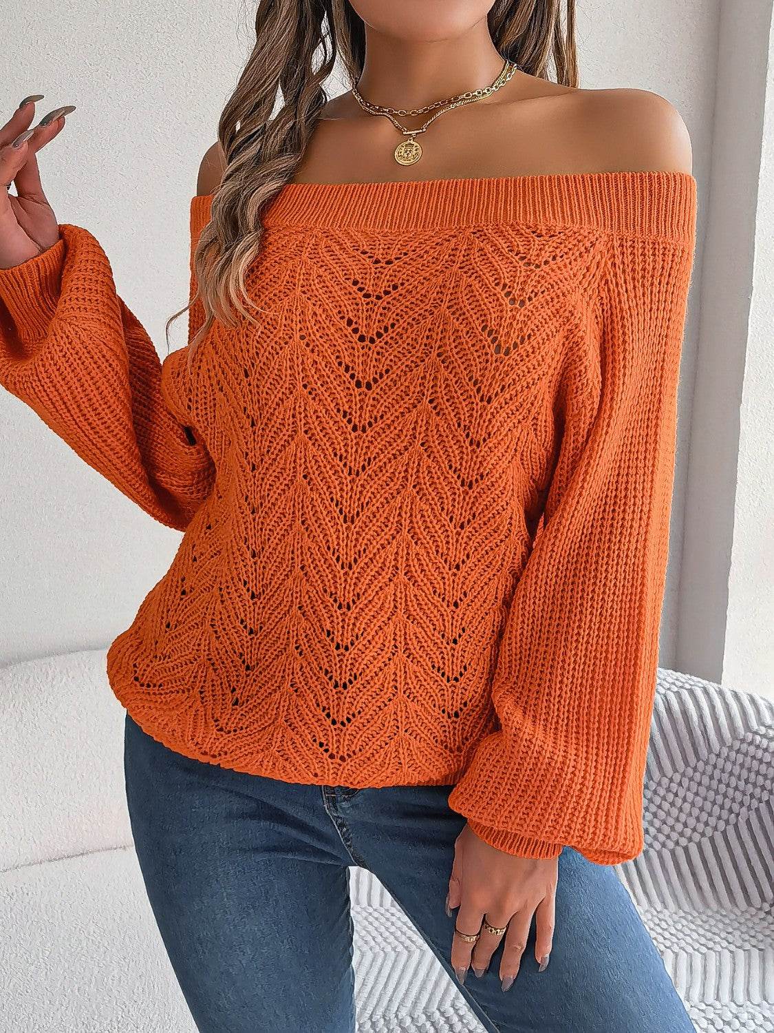Openwork Off-Shoulder Long Sleeve Sweater - Hovatok
