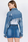 American Bazi Distressed Denim Jacket with Frayed Hem - Hovatok