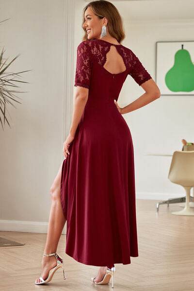 Lace Cutout V-Neck Short Sleeve Dress - Hovatok