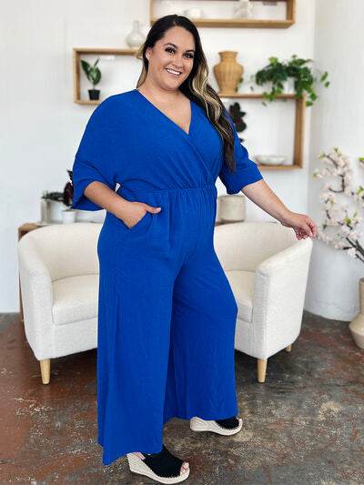 Double Take Full Size Surplice Wide Leg Jumpsuit with Pockets - Hovatok