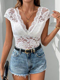 Perfee Lace Backless V-Neck Cap Sleeve Bodysuit - Hovatok