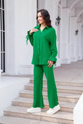 Drawstring Flounce Sleeve Shirt and Pants Set - Hovatok