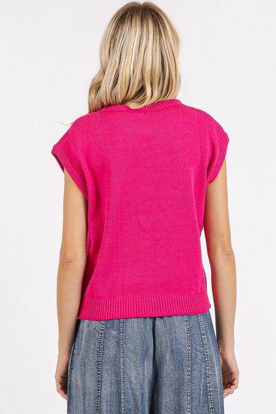 Mittoshop Contrast Letter Round Neck Cap Sleeve Knit Top - Hovatok
