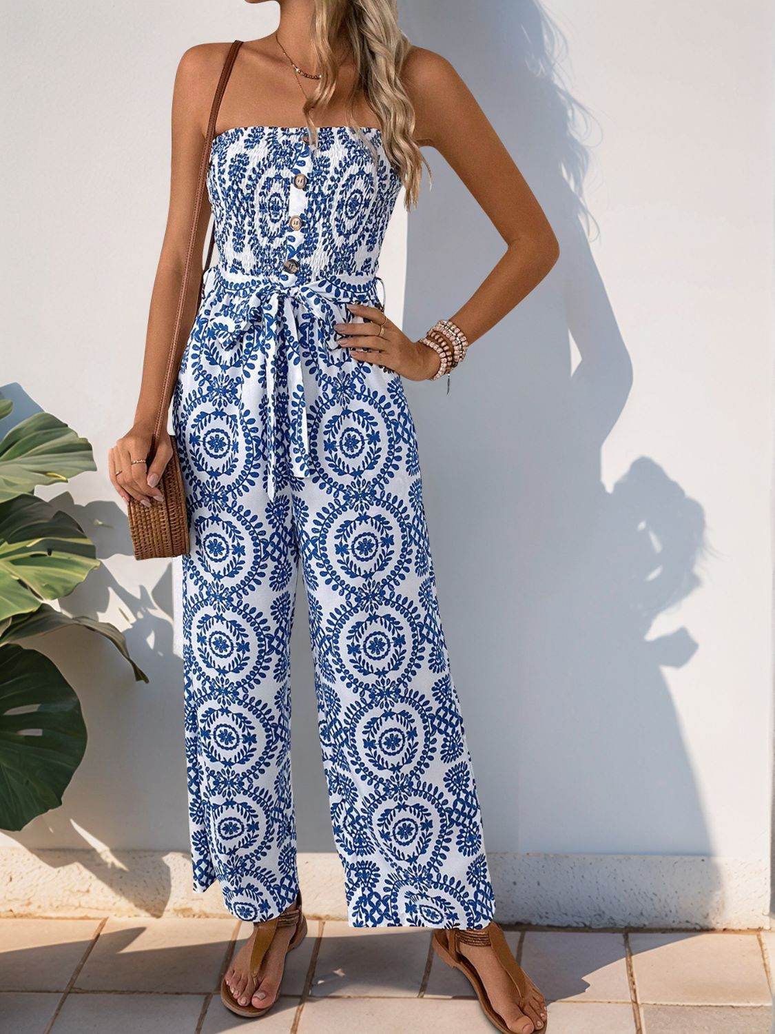 Perfee Smocked Tube Wide Leg Jumpsuit - Hovatok