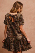 BiBi Tie Back Leopard Round Neck Short Sleeve Dress - Hovatok
