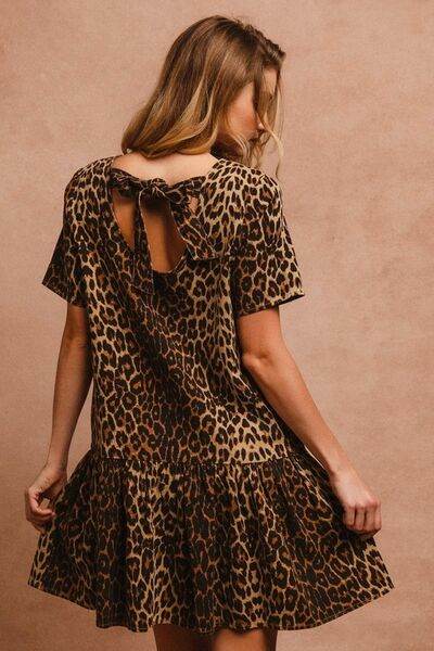 BiBi Tie Back Leopard Round Neck Short Sleeve Dress - Hovatok
