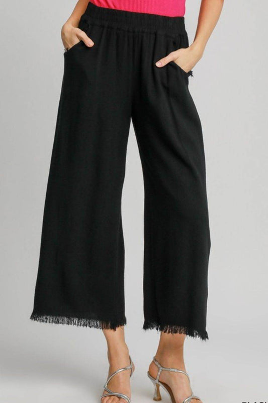 Umgee Full Size Linen Blend Elastic Waistband Wide Leg Pants Plus Size - Hovatok