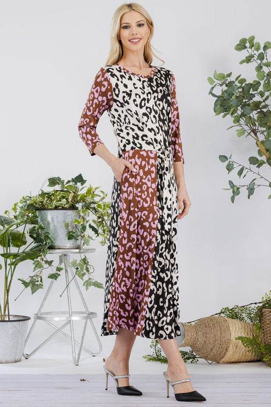 Celeste Full Size Leopard Color Block Front Tie Midi Dress Plus Size - Hovatok