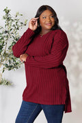 Basic Bae Full Size Ribbed Round Neck Long Sleeve Slit Top - Hovatok