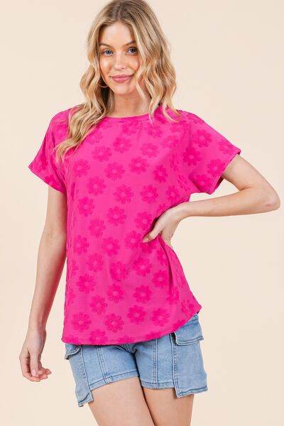 BOMBOM Textured Floral Pattern Short Sleeve T-Shirt - Hovatok