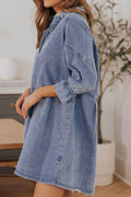 Distressed Collared Neck Flounce Sleeve Denim Dress - Hovatok