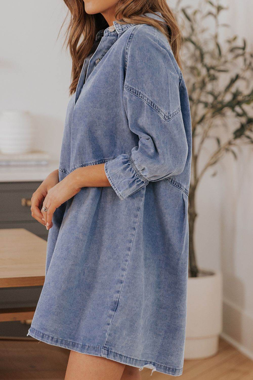 Distressed Collared Neck Flounce Sleeve Denim Dress - Hovatok