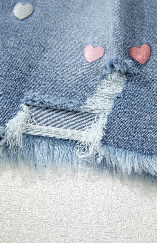 Distressed Raw Hem Heart Denim Skirt - Hovatok