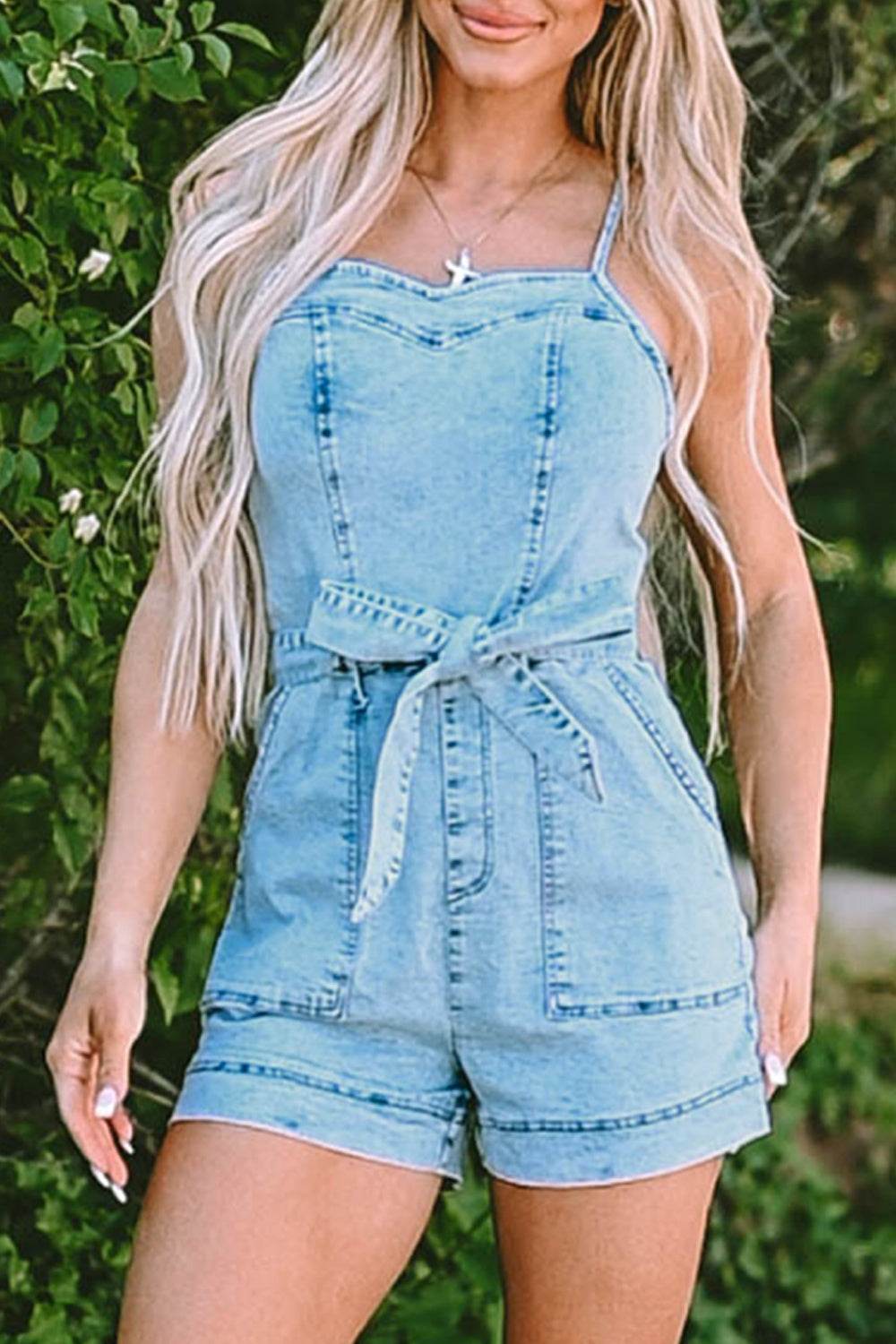 Tied Spaghetti Strap Denim Romper - Hovatok