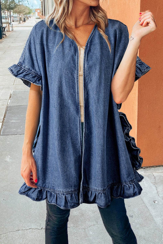 Ruffled Open Front Denim Top - Hovatok