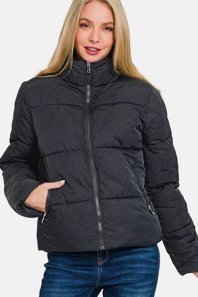 Zenana Zip Up Turtleneck Puffer Jacket with Pockets - Hovatok
