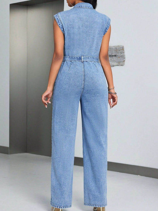Tied Half Button Denim Jumpsuit with Pockets - Hovatok