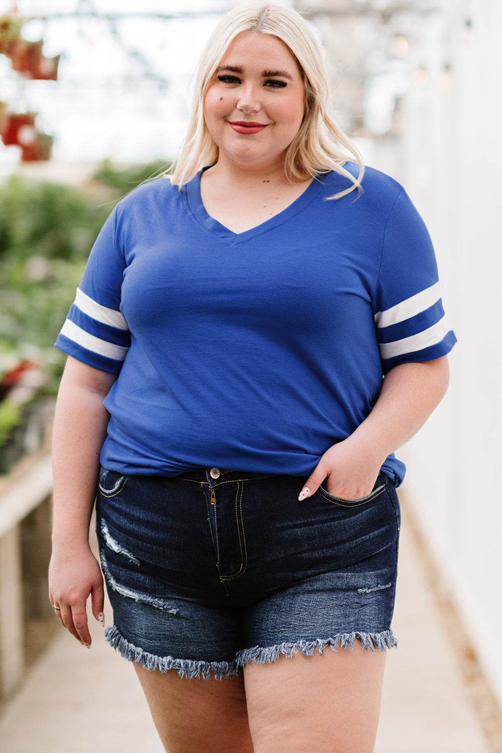Plus Size Striped V-Neck Tee Shirt - Hovatok