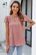 Ruffled Notched Short Sleeve Blouse - Hovatok