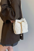 Chain Drawstring Raw Edge Denim Bucket Bag - Hovatok