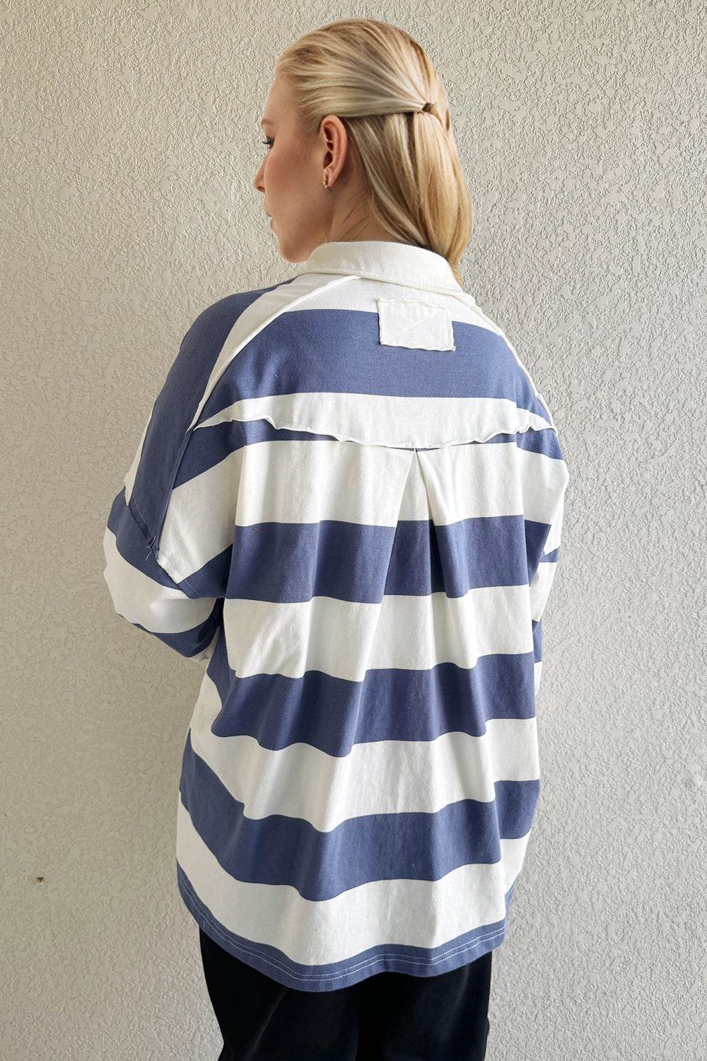Oh Pima Cotton Wash Wide Striped Collared Neck Long Sleeve Top - Hovatok